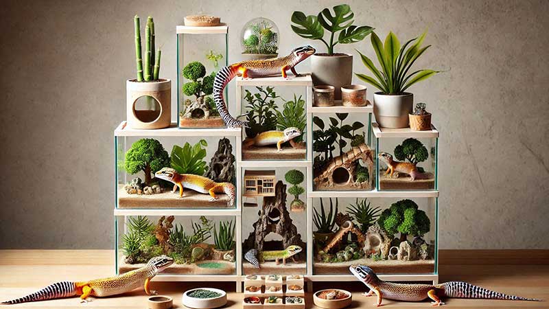 Different terrarium sizes and shapes for leopard geckos