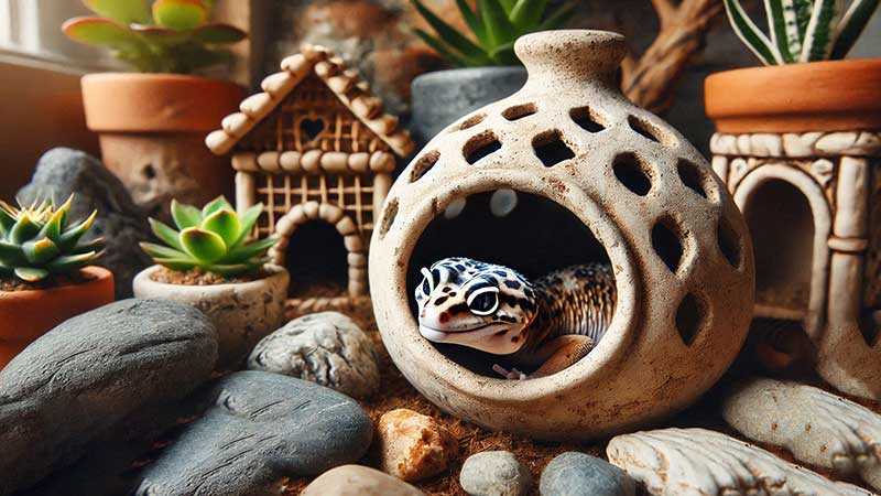 Leopard gecko hiding in a ceramic hide box