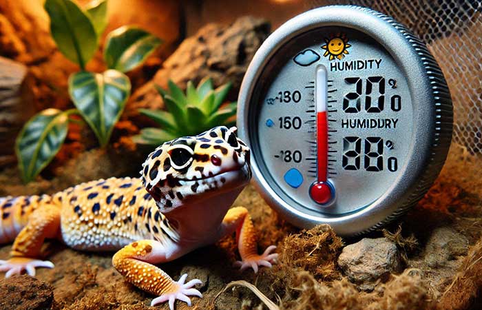 Temperature and humidity gauge in a leopard gecko habitat