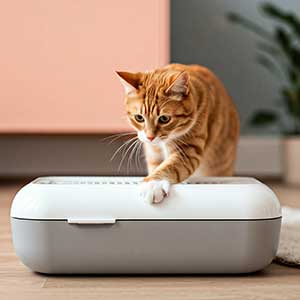 A playful cat interacting with a sleek, modern automatic litter box