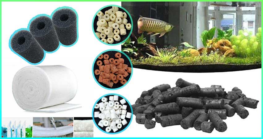 Different types of aquarium filter media for mechanical, chemical, and biological filtration