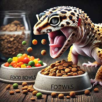 Leopard Gecko taking food from Food Bowls